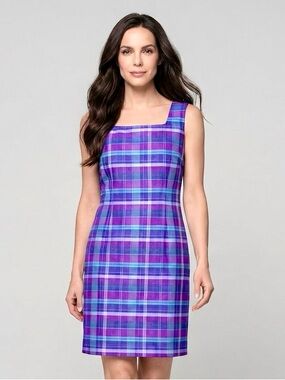 Y2K 100% Silk Annie Alexander Size 14 Plaid Purple Pink Blue Womens Retro Preppy